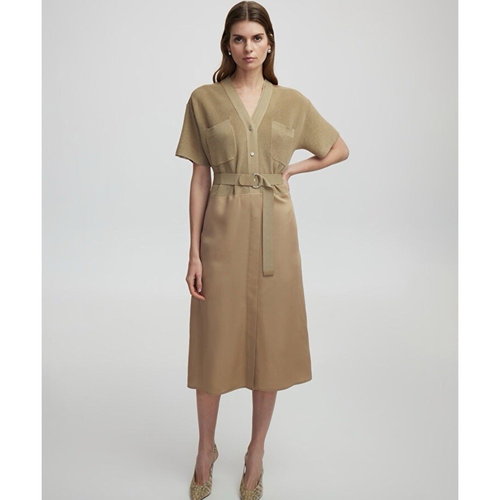 Ipekyol Mixed-Media Belted Midi Dress -‎ Natural Beige - Size 38 (US 8) Natural